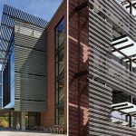 The Engineered BIosystems Building features shades and awnings to reduce energy cost, as well as solar panels, an extensive cistern system and repurposed lumber. Photos from Cooper Carry.